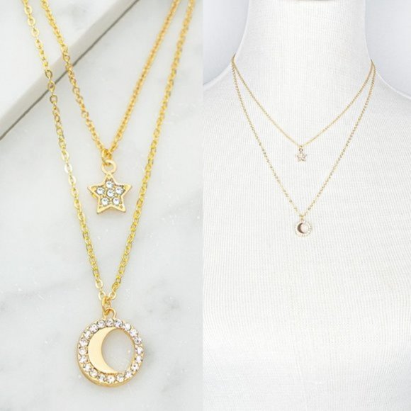 NEW Gold Moon Star Pendant Double Dainty Necklace - Picture 2 of 8